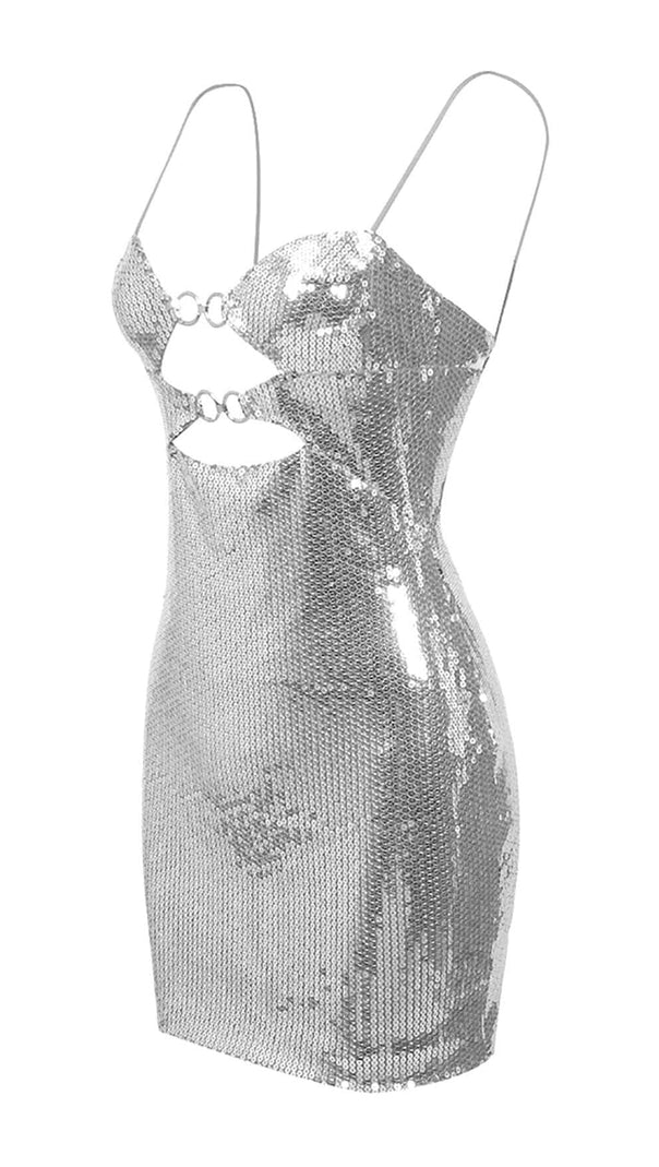 AIIZIE SEQUIN CUTOUT DRAPED MINI DRESS IN METALLIC SILVER - product image
