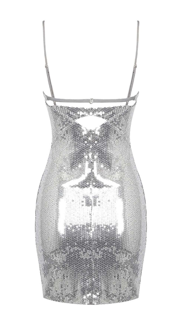 AIIZIE SEQUIN CUTOUT DRAPED MINI DRESS IN METALLIC SILVER - product image