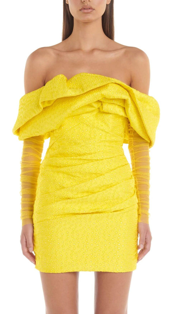 AIIZIE YELLOW OFF SHOULDER RUCHED MESH MINI DRESS - product image