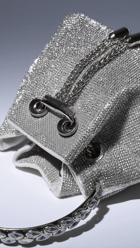MATTEA CRYSTAL EMBELLISHED BUCKET BAG IN SILVER