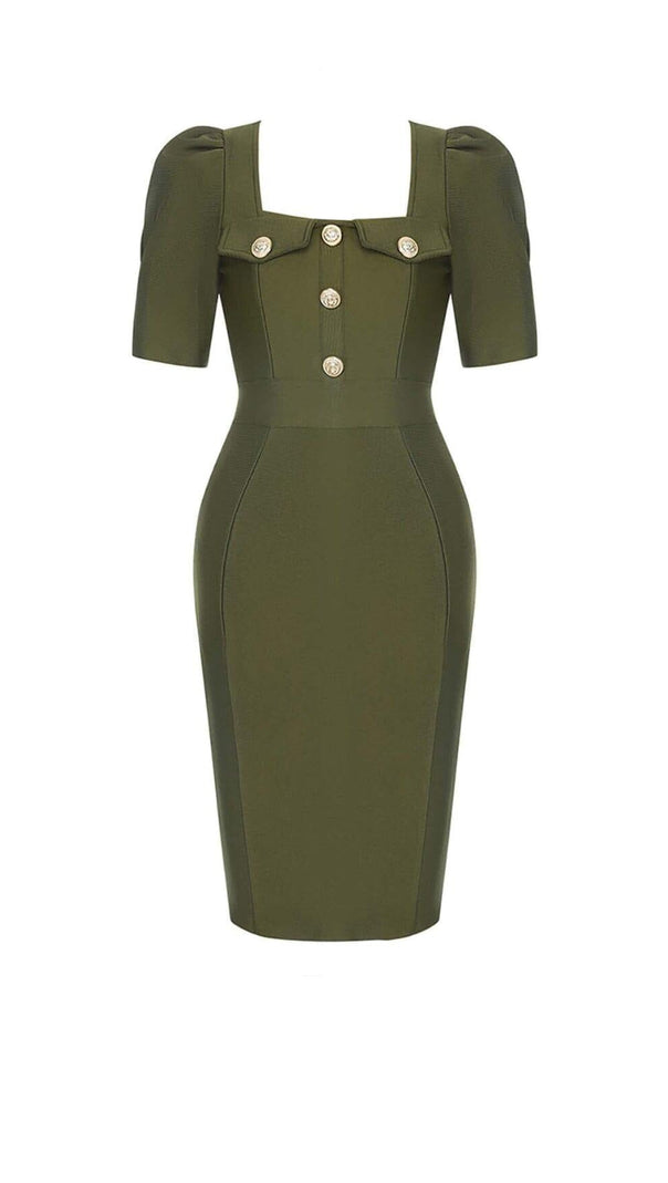 AIIZIE SQUARE COLLAR BUTTON MIDI DRESS IN OLIVE GREEN - product image