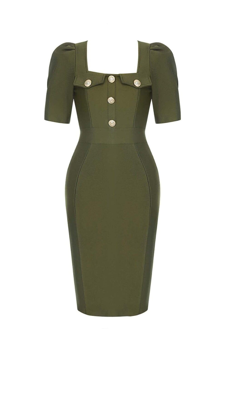 SQUARE COLLAR BUTTON MIDI DRESS IN OLIVE GREEN