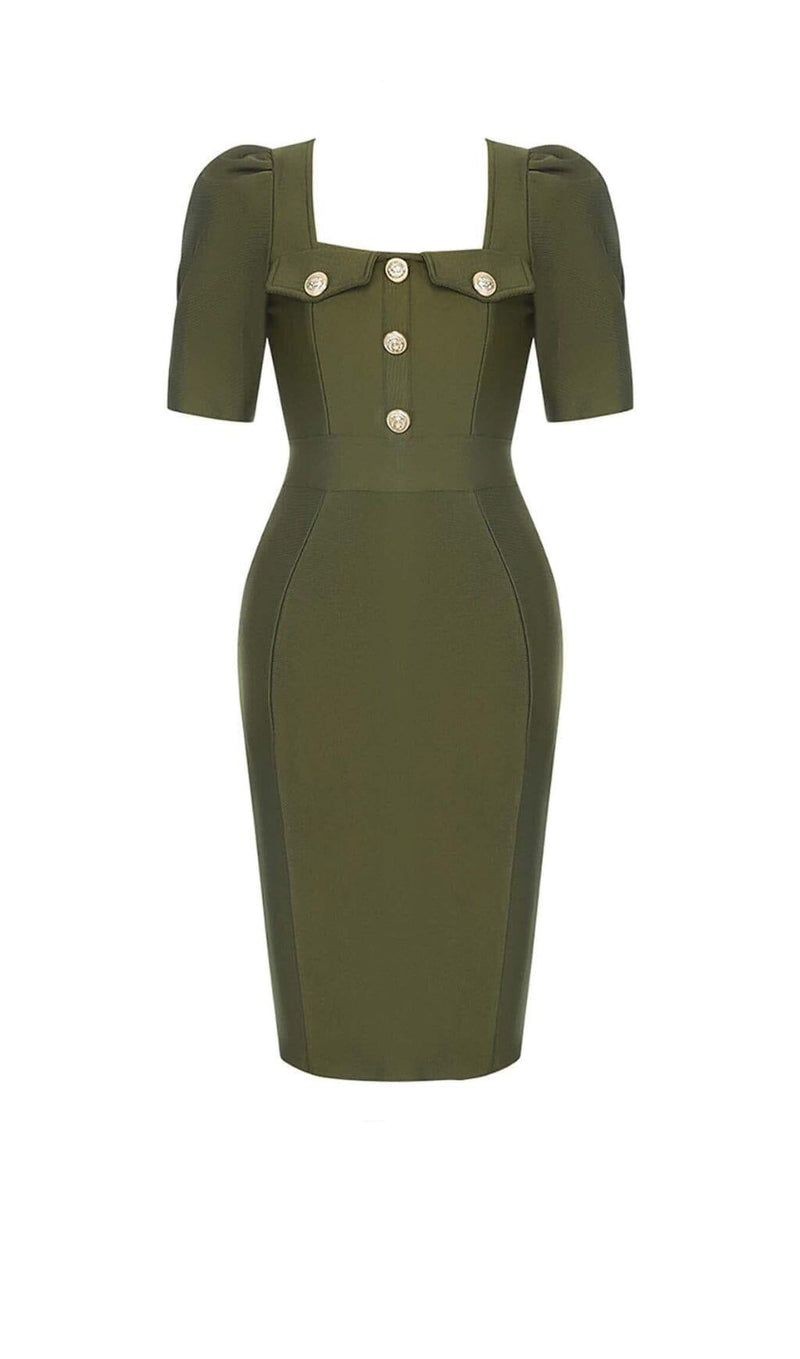 SQUARE COLLAR BUTTON MIDI DRESS IN OLIVE GREEN