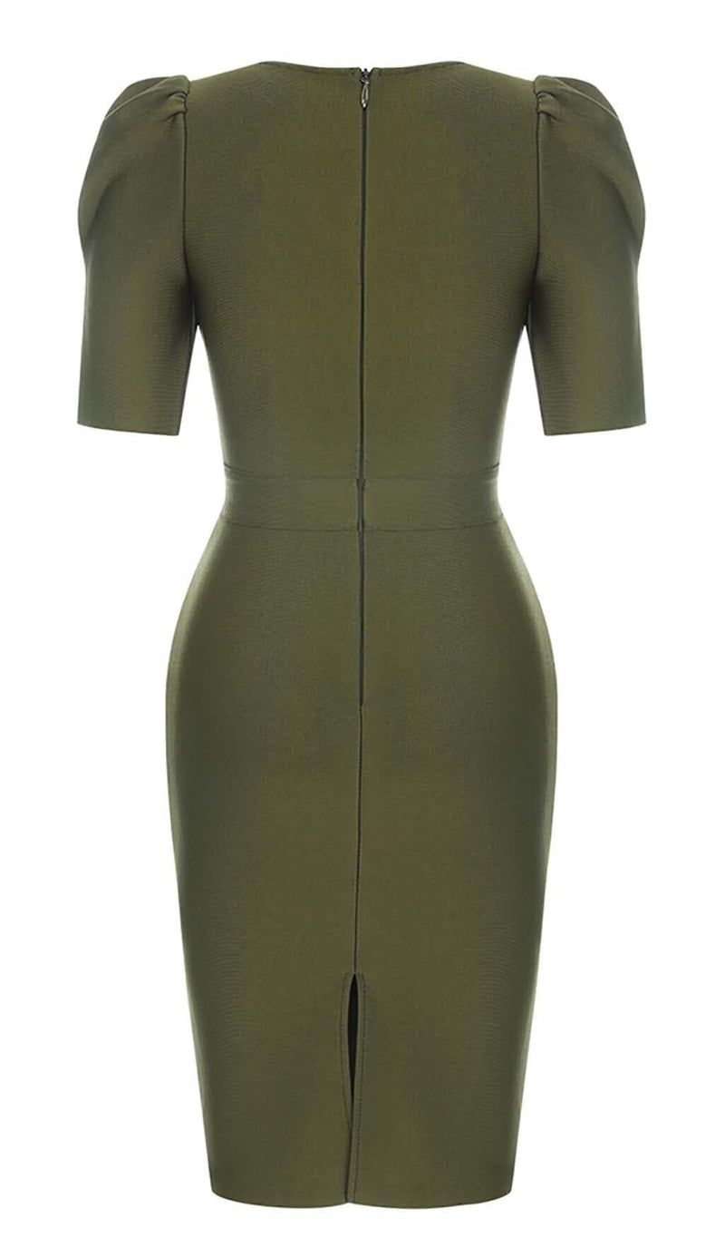 SQUARE COLLAR BUTTON MIDI DRESS IN OLIVE GREEN