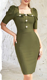 SQUARE COLLAR BUTTON MIDI DRESS IN OLIVE GREEN