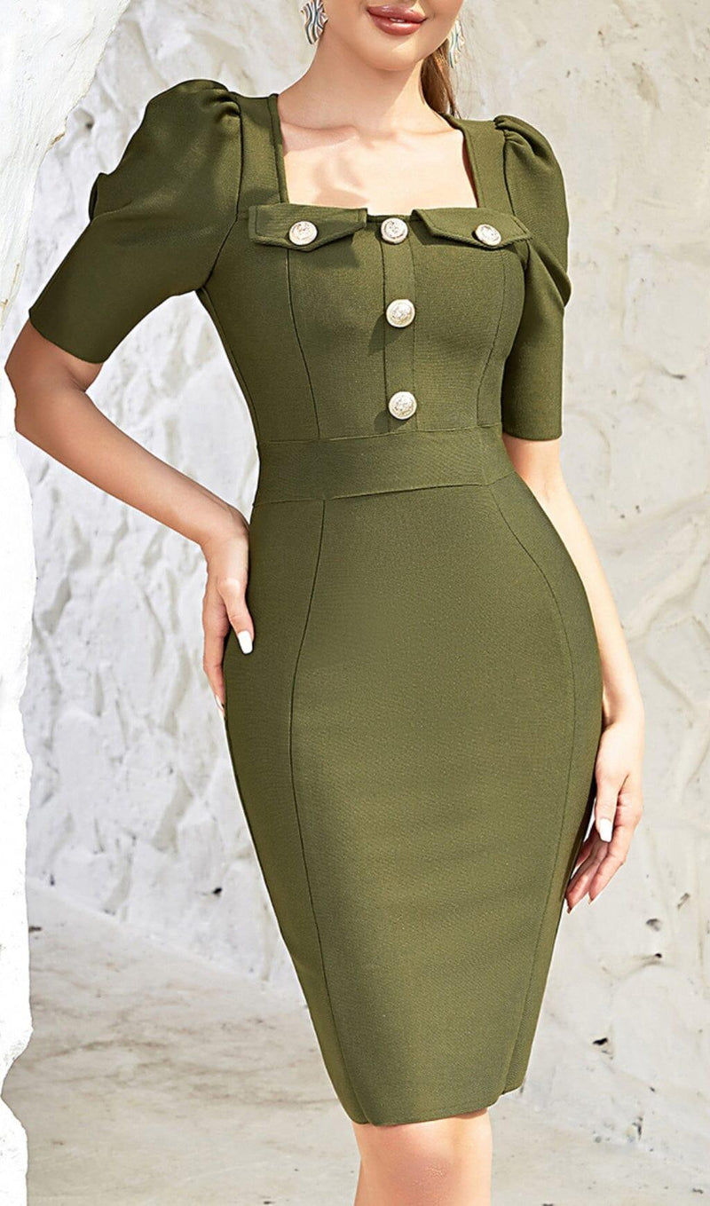 SQUARE COLLAR BUTTON MIDI DRESS IN OLIVE GREEN