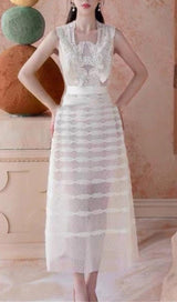 STITCHING LACE TIERED MIDI DRESS IN WHITE