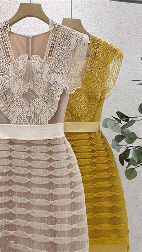 AIIZIE STITCHING LACE TIERED MIDI DRESS IN WHITE - product image