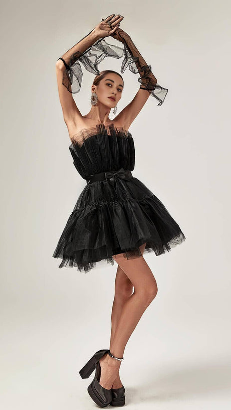 TRÄGERLOSES MESH-MINIKLEID IN SCHWARZ