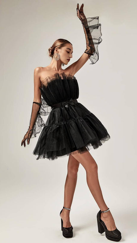 TRÄGERLOSES MESH-MINIKLEID IN SCHWARZ