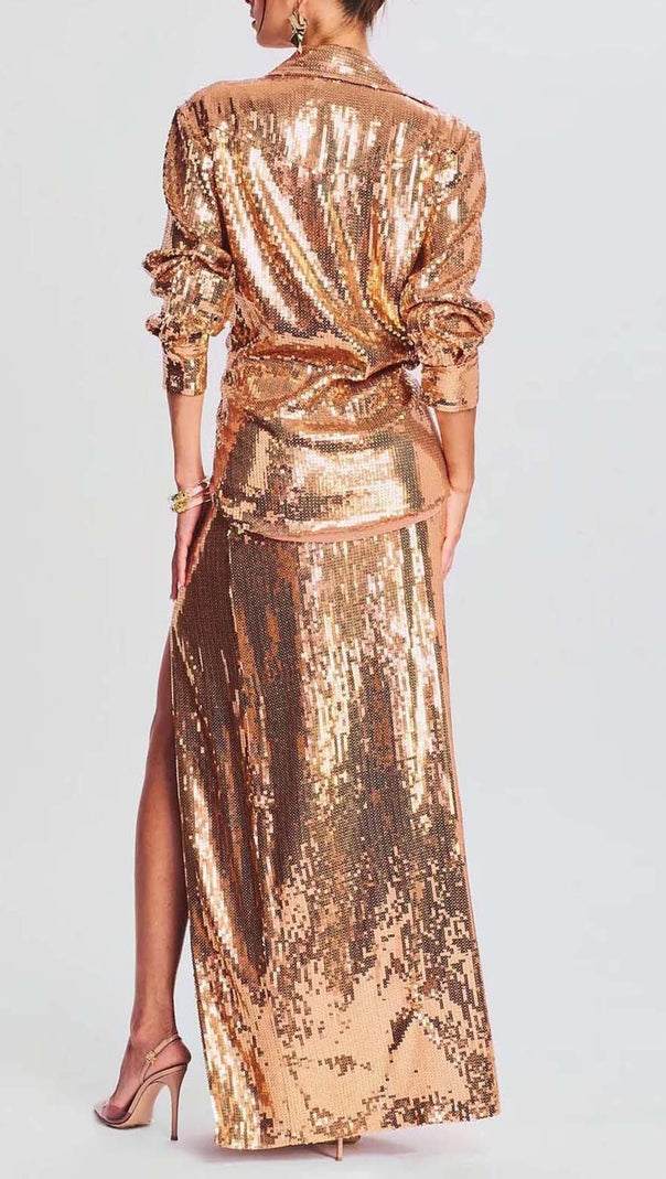 AIIZIE THIGH SLIT GLITTER MAXI DRESS IN METALLIC GOLD - product image