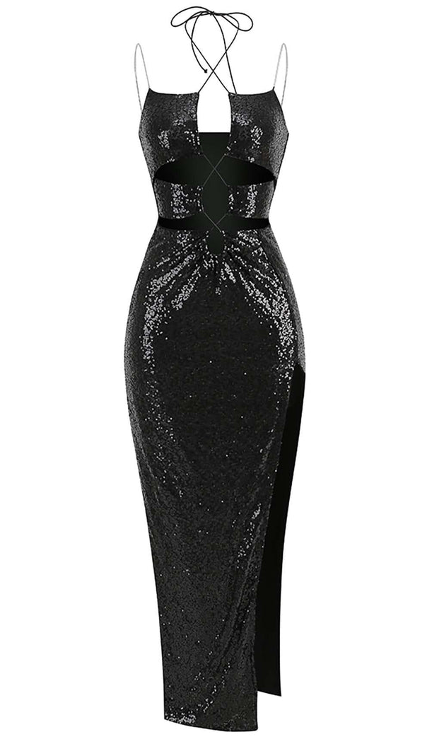 AIIZIE THIGH SLIT SEQUIN MAXI DRESS IN BLACK - product image