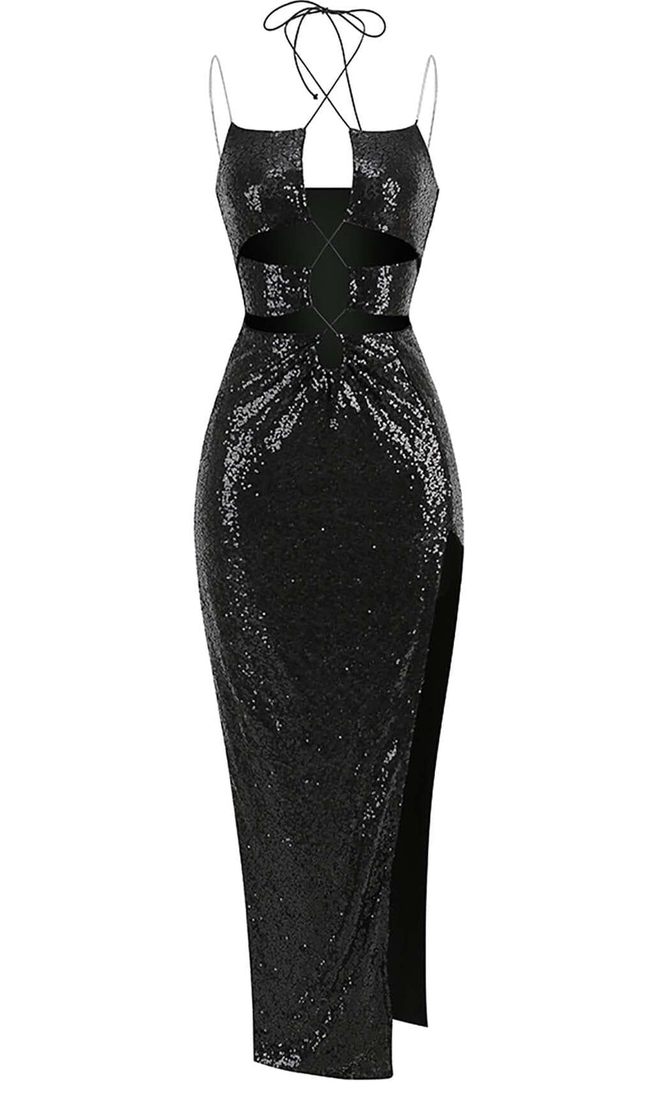 THIGH SLIT SEQUIN MAXI DRESS IN BLACK