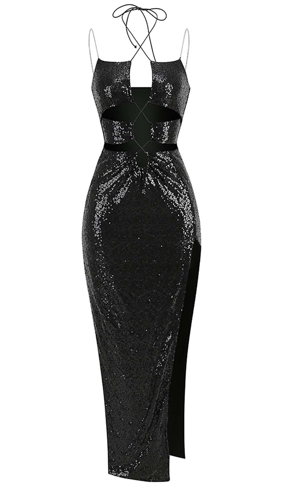ABITO LUNGO CON PAILLETTES E SPACCO SULLA COSCIA, NERO
