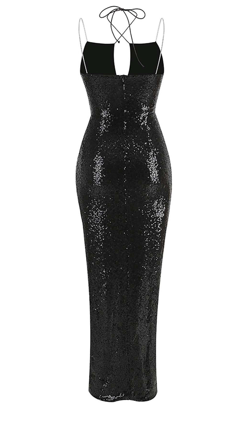 THIGH SLIT SEQUIN MAXI DRESS IN BLACK