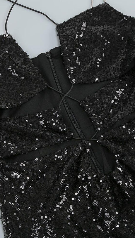 THIGH SLIT SEQUIN MAXI DRESS IN BLACK