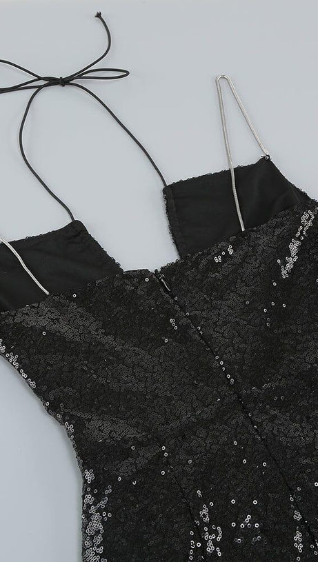 THIGH SLIT SEQUIN MAXI DRESS IN BLACK