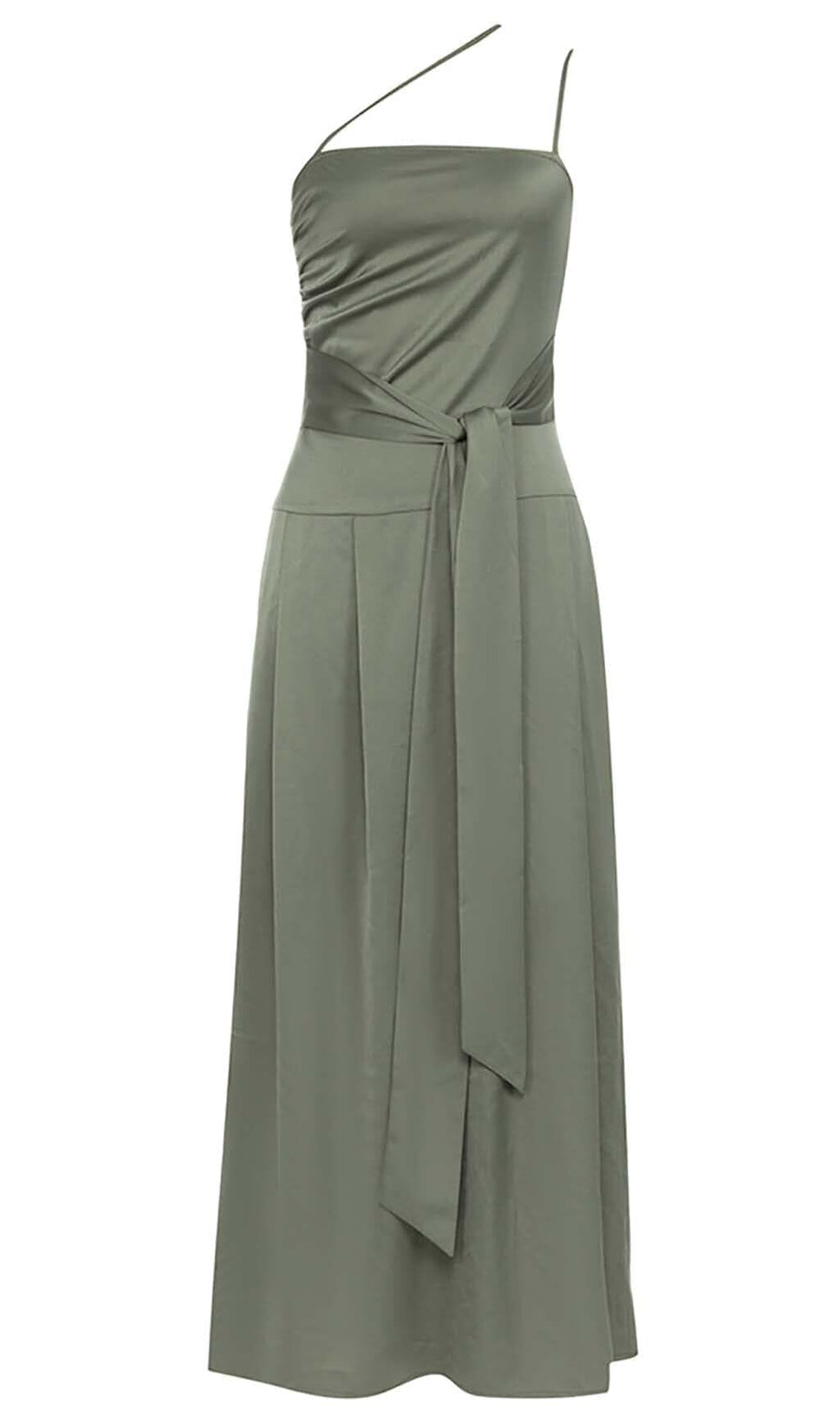 A-SILHOUETTE SATIN MIDI DRESS IN OLIVE