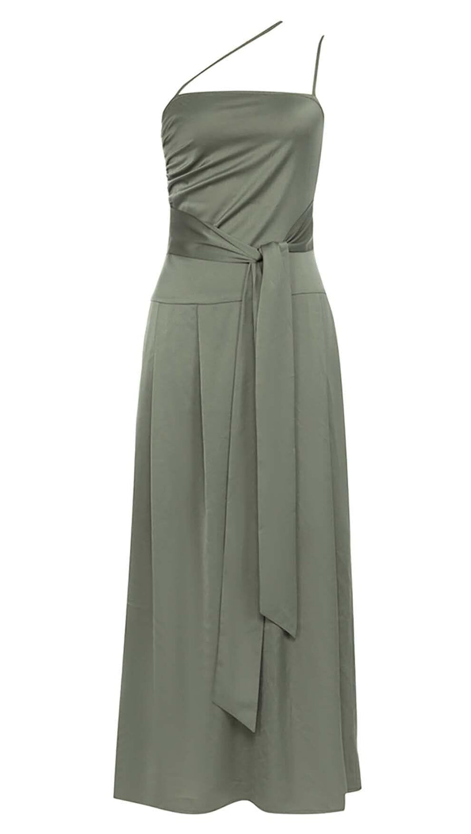 A-SILHOUETTE SATIN MIDI DRESS IN OLIVE