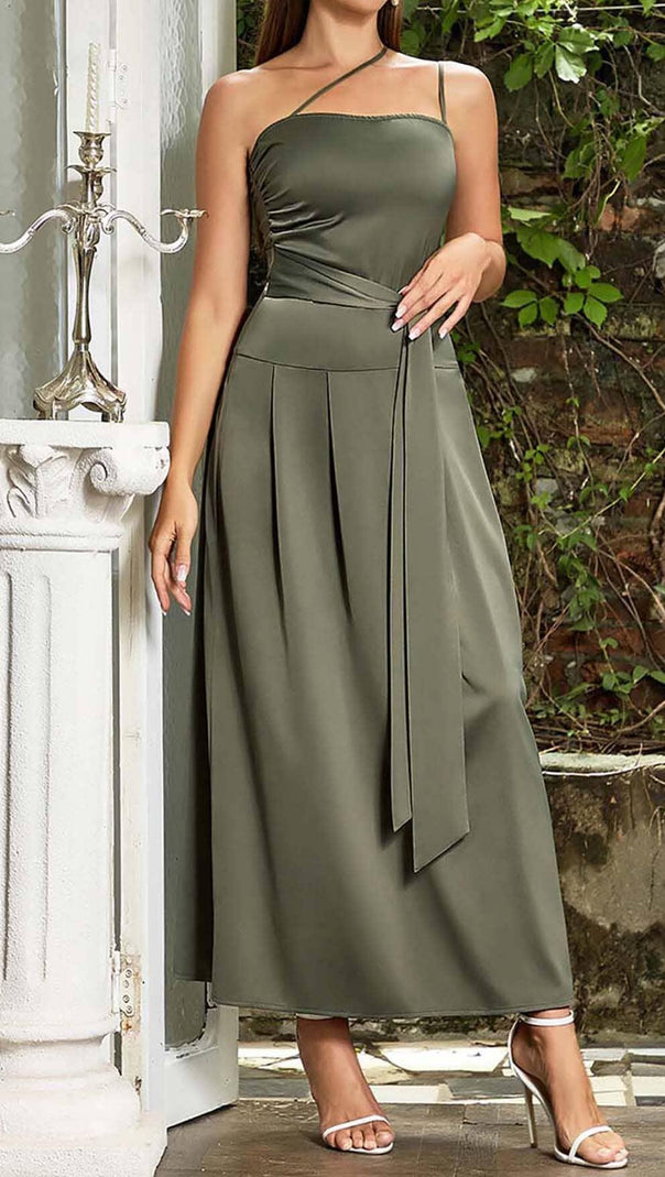 AIIZIE A-SILHOUETTE SATIN MIDI DRESS IN OLIVE - product image