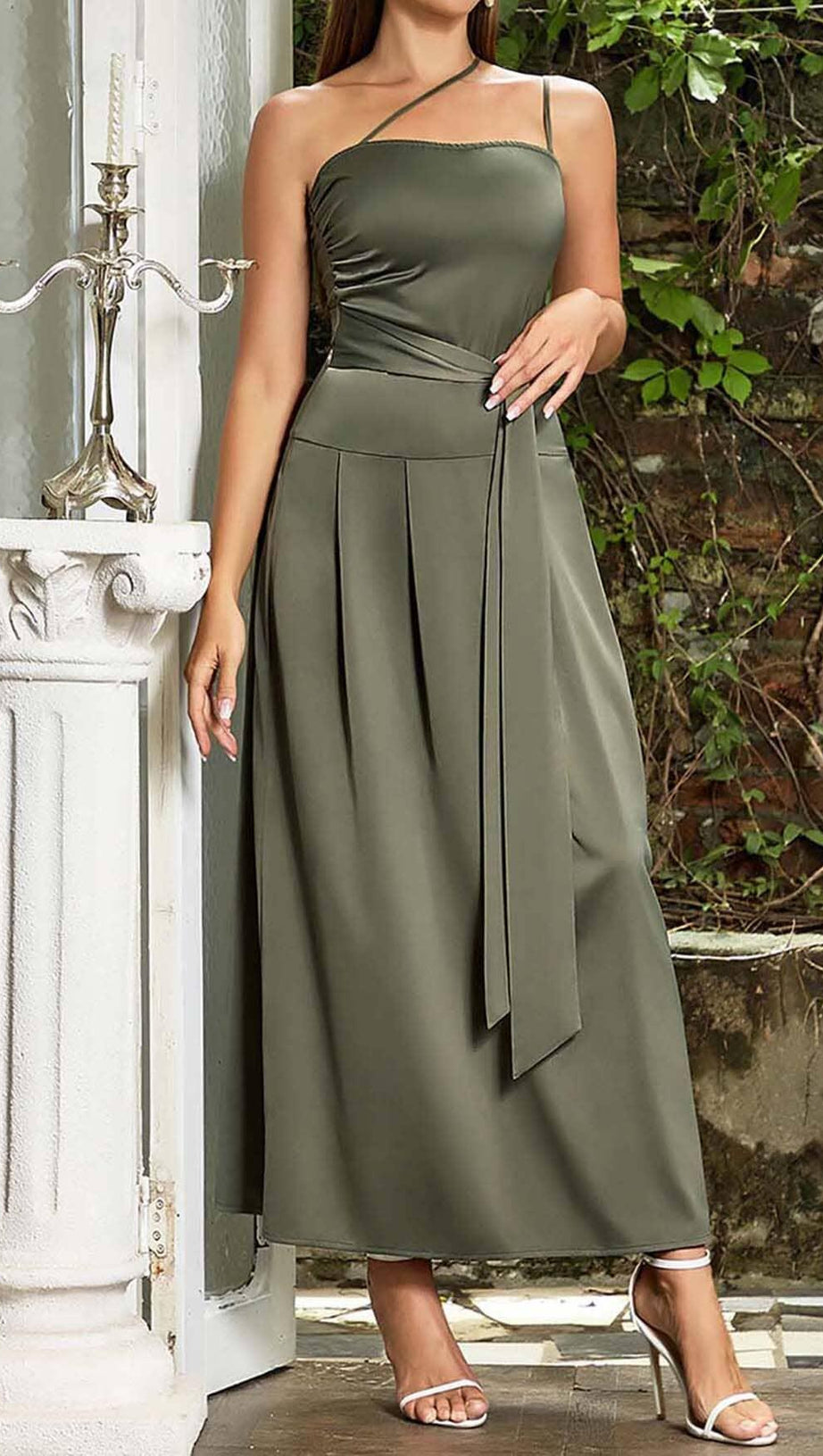 A-SILHOUETTE SATIN MIDI DRESS IN OLIVE