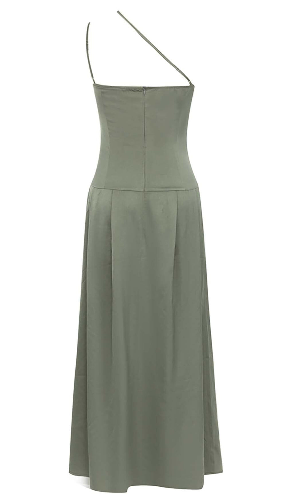 A-SILHOUETTE SATIN MIDI DRESS IN OLIVE