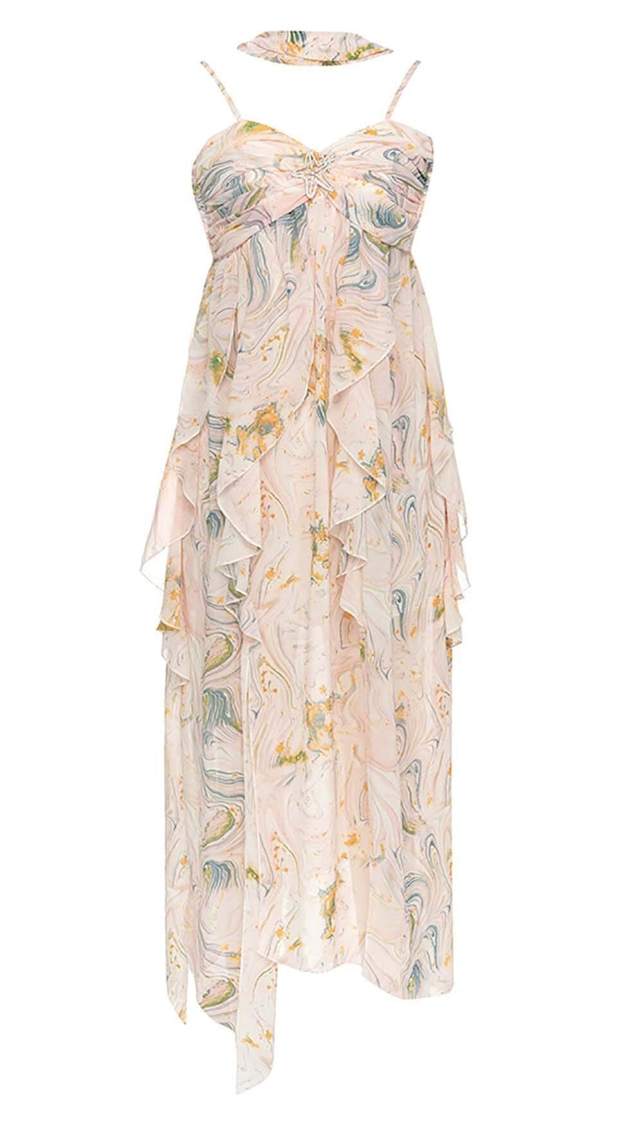 ALLOVER PRINT SPLIT THIGH BACKLESS DRESS