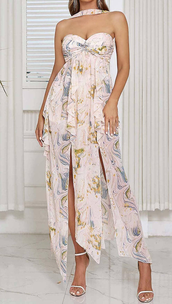 AIIZIE ALLOVER PRINT SPLIT THIGH BACKLESS DRESS - product image