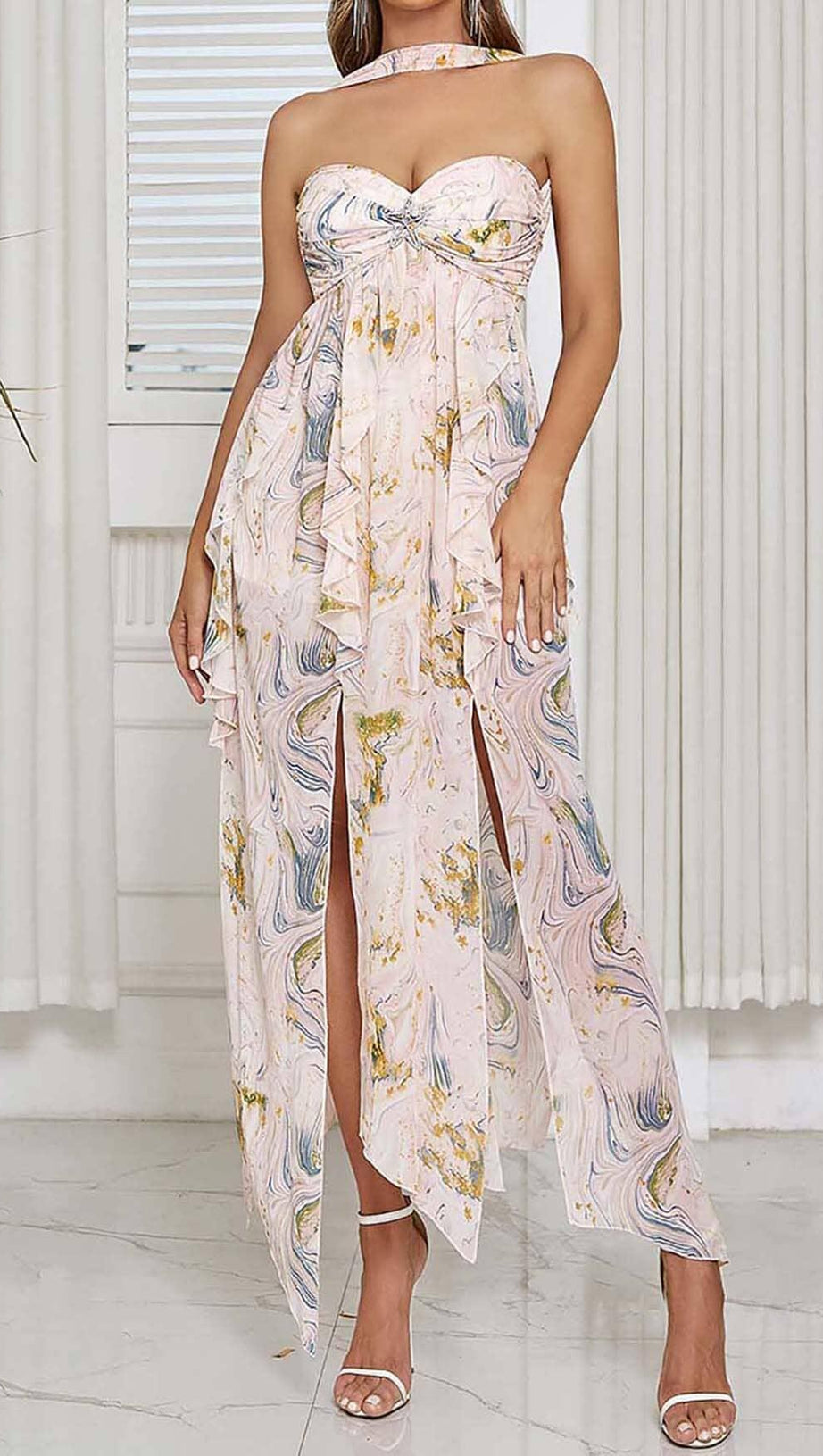 ALLOVER PRINT SPLIT THIGH BACKLESS DRESS