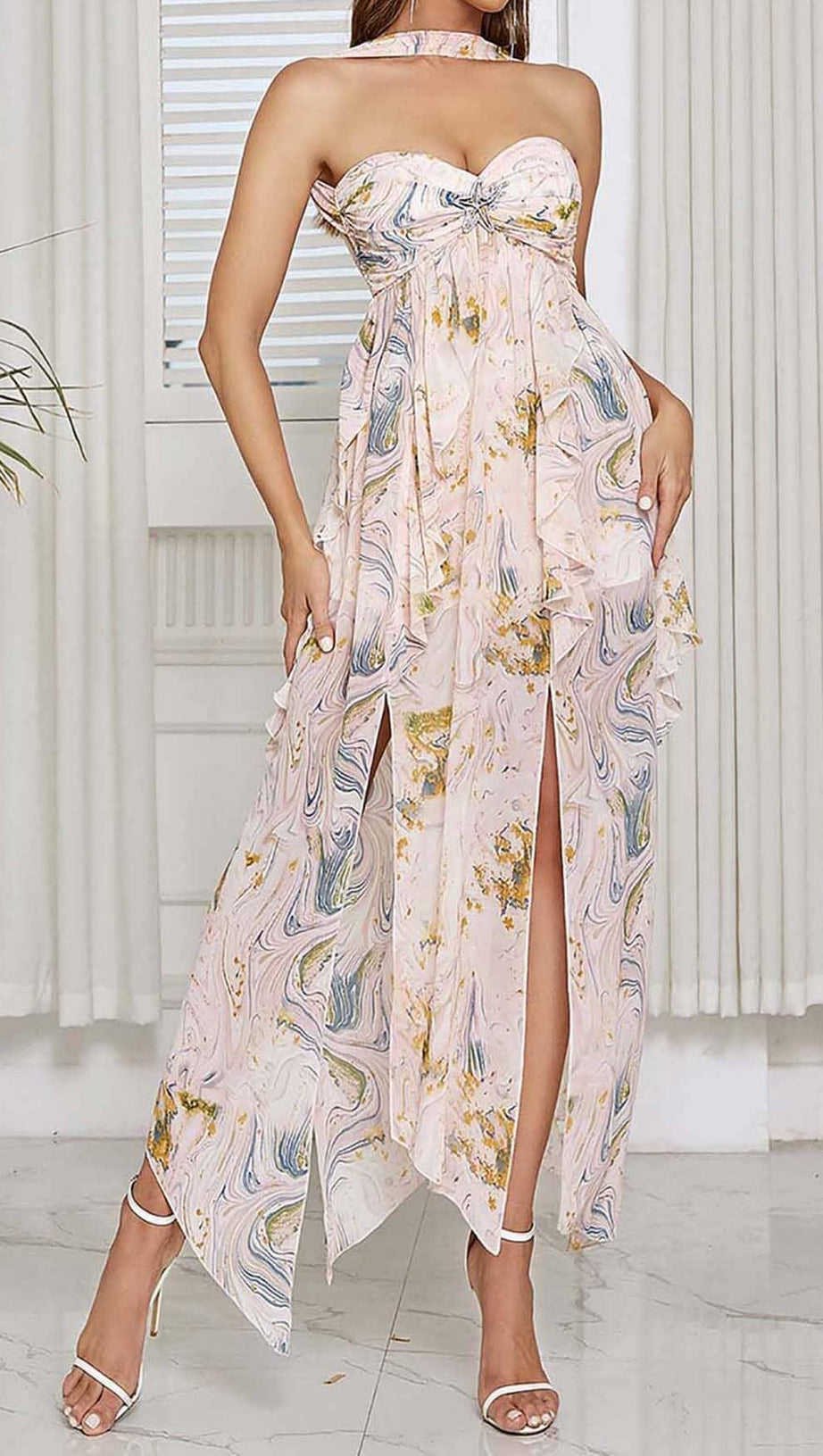 ALLOVER PRINT SPLIT THIGH BACKLESS DRESS