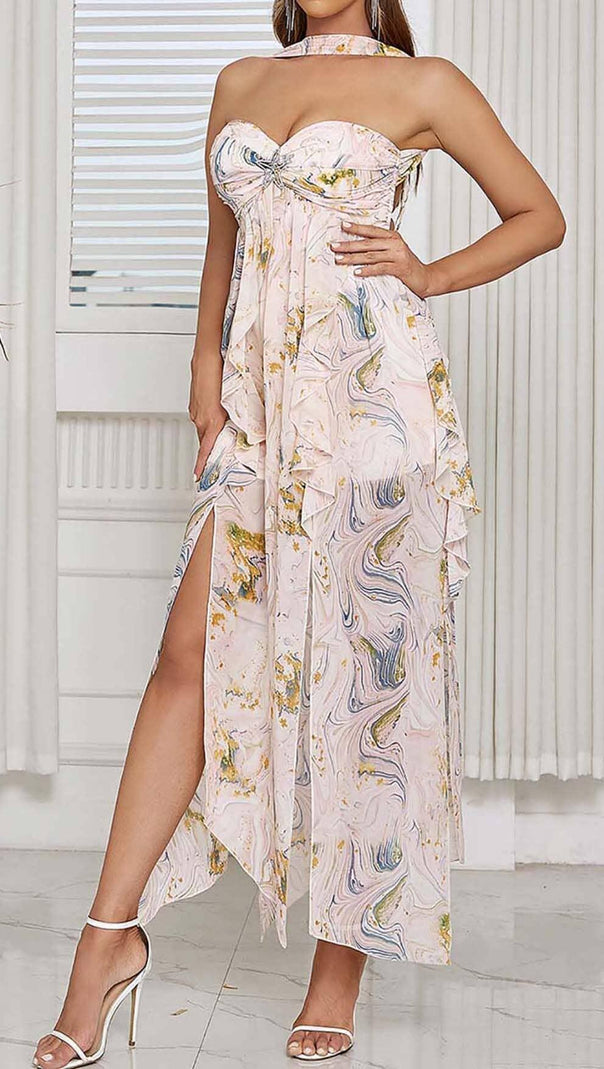 AIIZIE ALLOVER PRINT SPLIT THIGH BACKLESS DRESS - product image