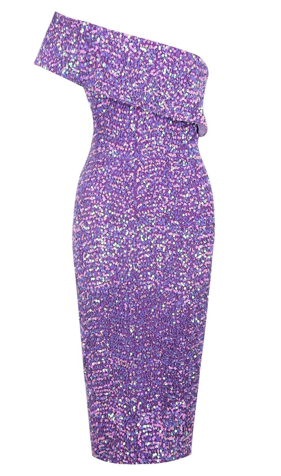 SEQUIN STRAPLESS MIDI DRESS IN PURPLE