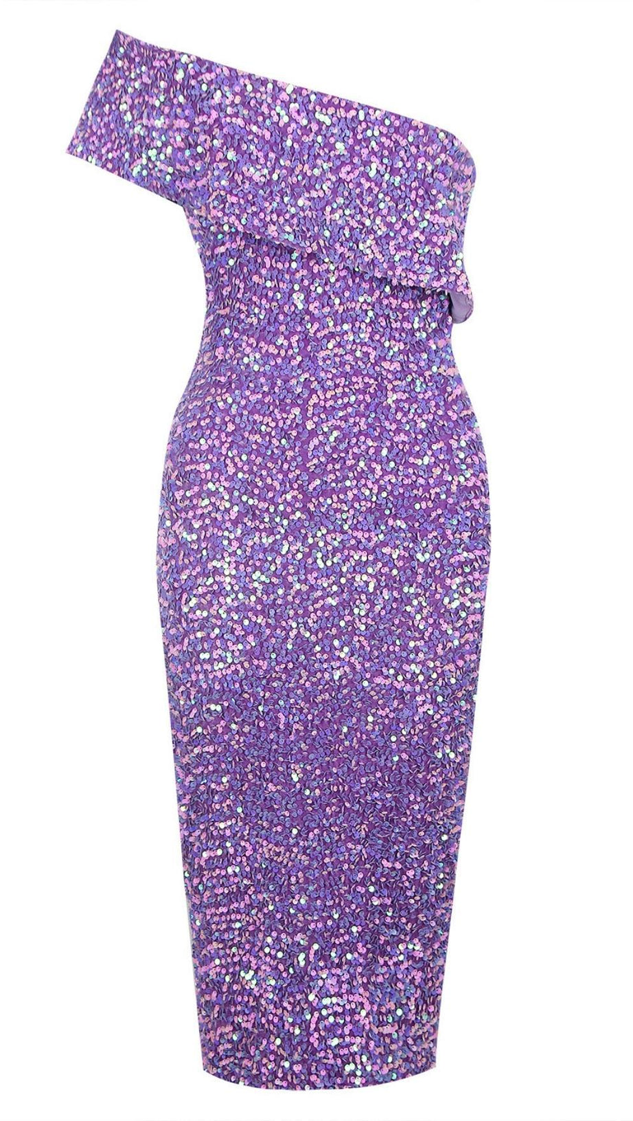 SEQUIN STRAPLESS MIDI DRESS IN PURPLE