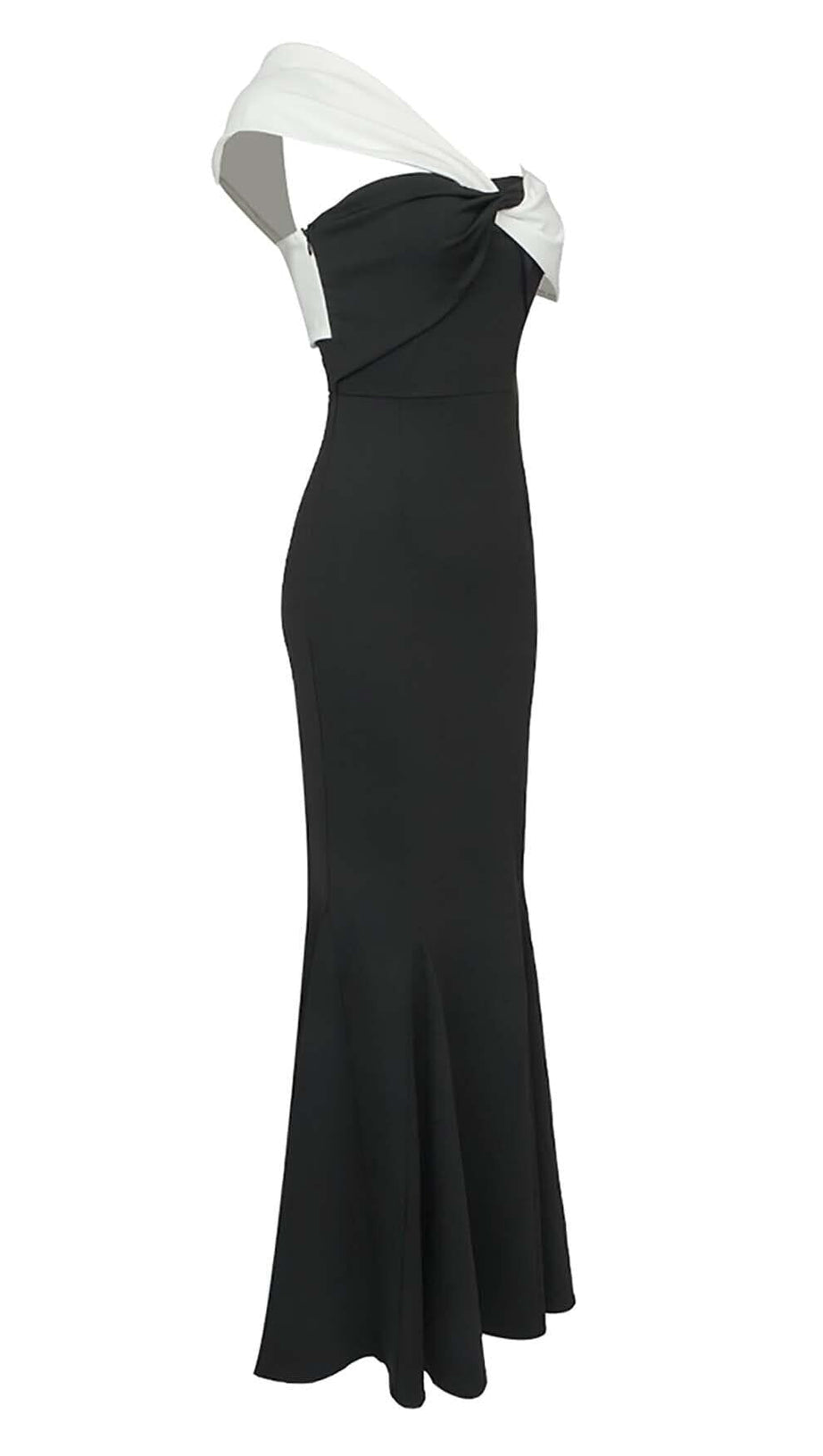 ASYMMETRIC OFF-THE-SHOULDER MAXI DRESS IN BLACK
