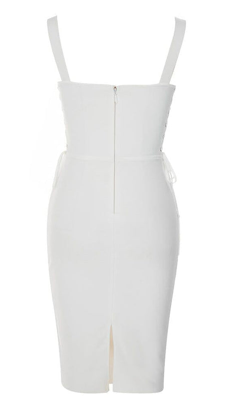 ABITO MIDI CON SPALLINE E FIANCHI AVVOLGENTI IN BIANCO