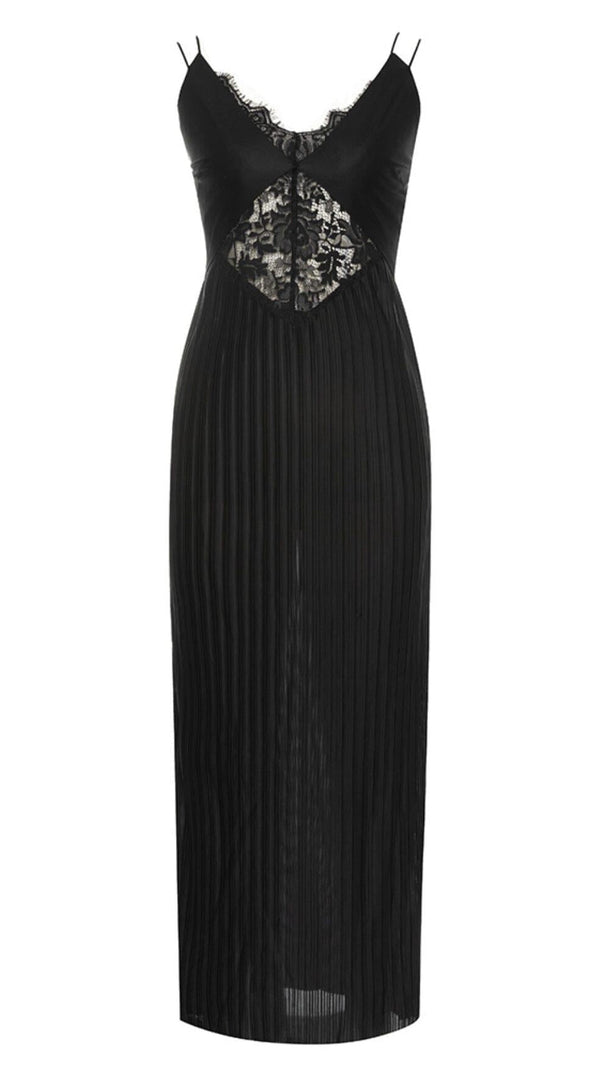 AIIZIE CONTRAST LACE PLEATED HEM CAMI DRESS IN BLACK - product image