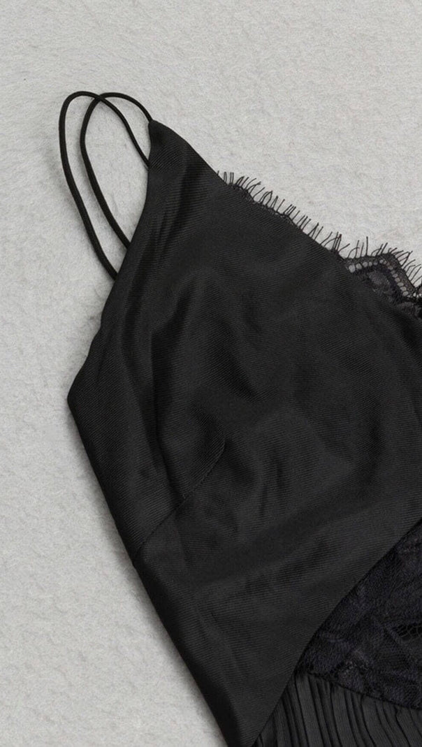 AIIZIE CONTRAST LACE PLEATED HEM CAMI DRESS IN BLACK - product image