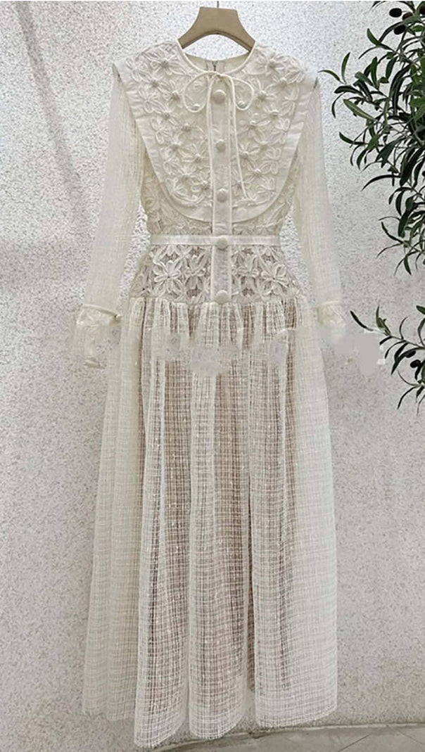AIIZIE EMBROIDERY LACE LONG SLEEVE MIDI DRESS IN WHITE - product image