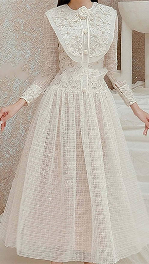 AIIZIE EMBROIDERY LACE LONG SLEEVE MIDI DRESS IN WHITE - product image