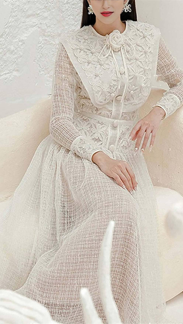 AIIZIE EMBROIDERY LACE LONG SLEEVE MIDI DRESS IN WHITE - product image