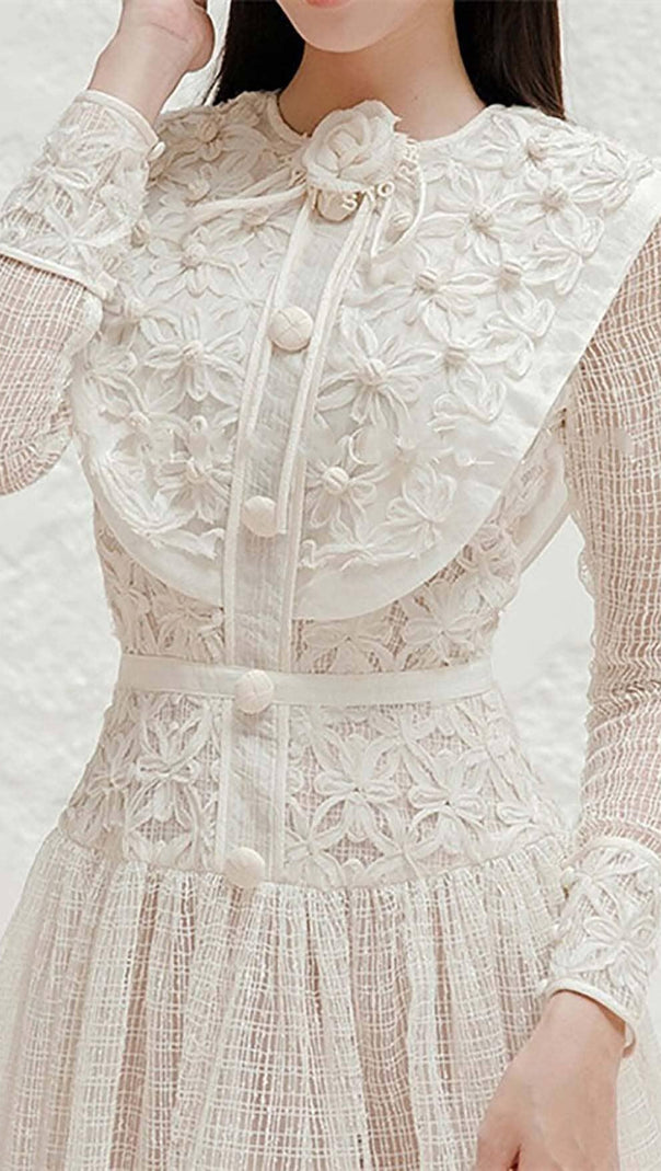 AIIZIE EMBROIDERY LACE LONG SLEEVE MIDI DRESS IN WHITE - product image