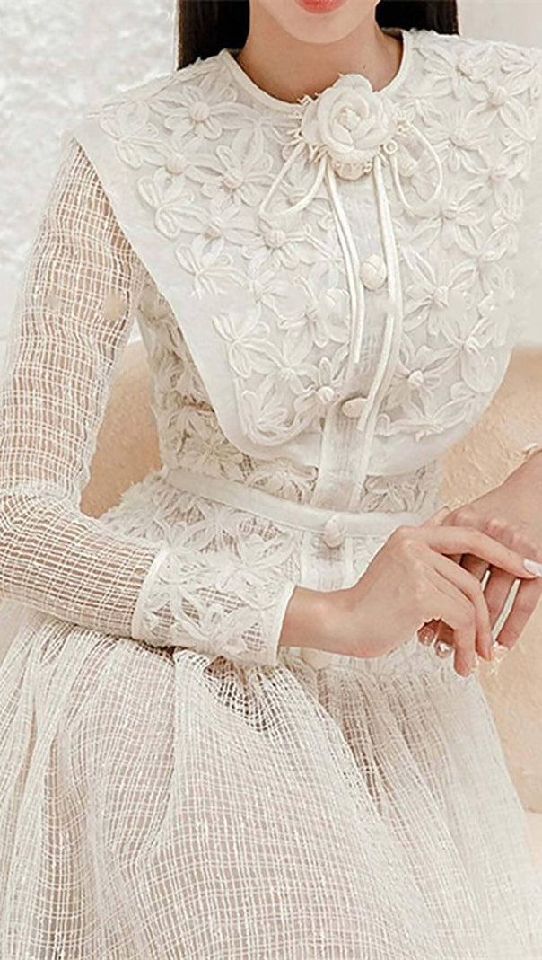 AIIZIE EMBROIDERY LACE LONG SLEEVE MIDI DRESS IN WHITE - product image