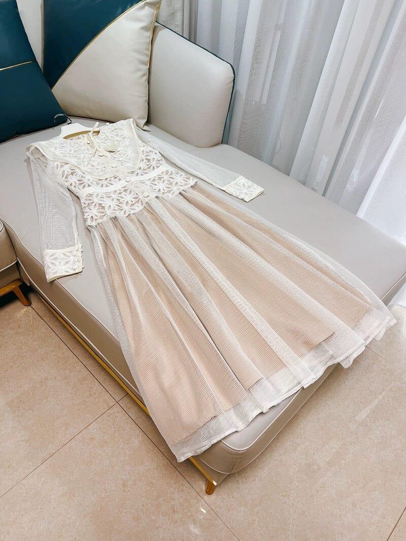AIIZIE EMBROIDERY LACE LONG SLEEVE MIDI DRESS IN WHITE - product image