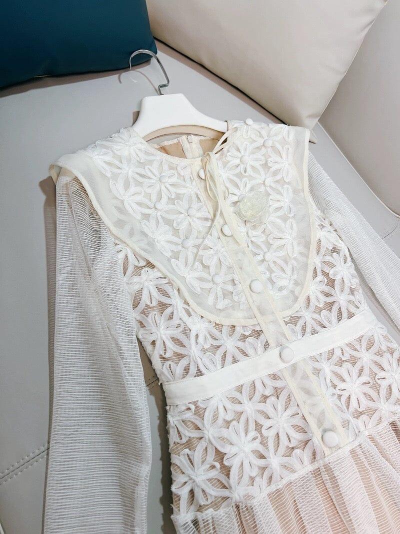 AIIZIE EMBROIDERY LACE LONG SLEEVE MIDI DRESS IN WHITE - product image