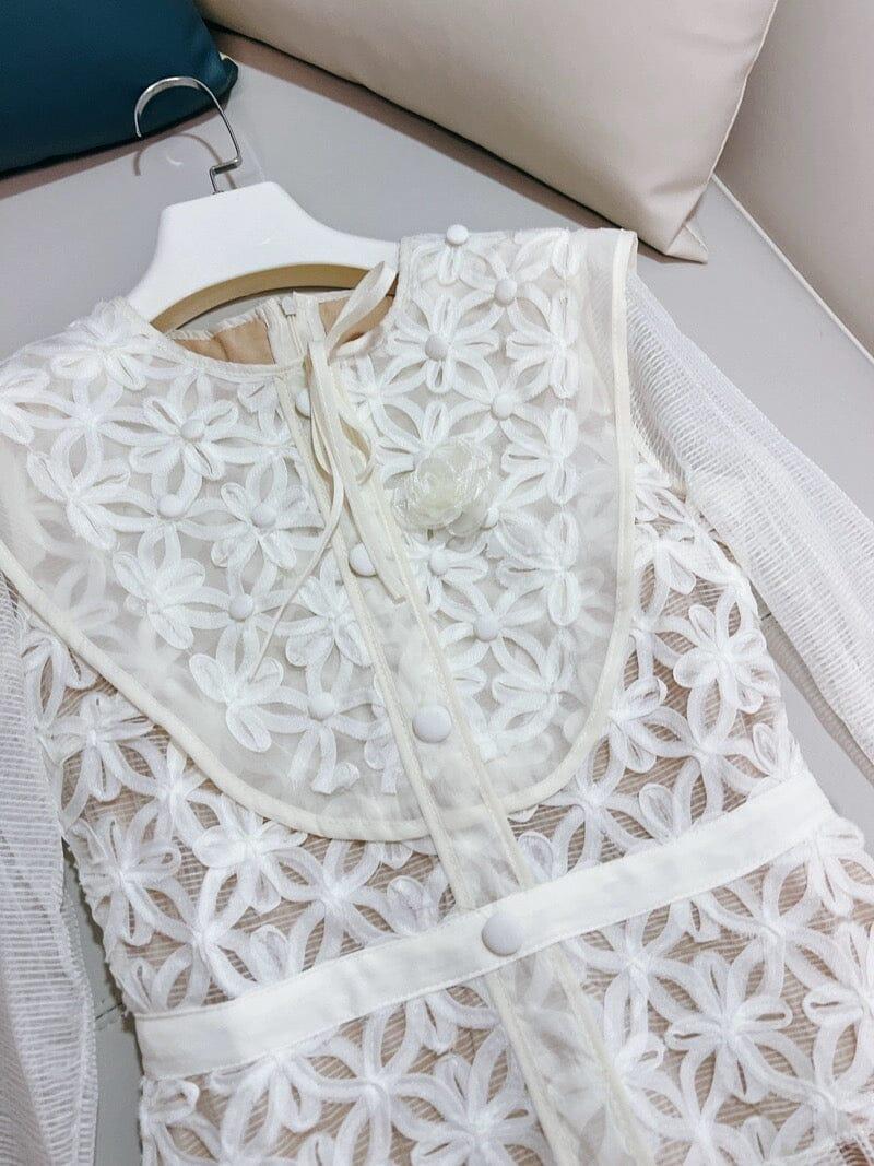 AIIZIE EMBROIDERY LACE LONG SLEEVE MIDI DRESS IN WHITE - product image