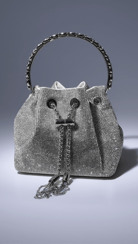 MATTEA CRYSTAL EMBELLISHED BUCKET BAG IN SILVER