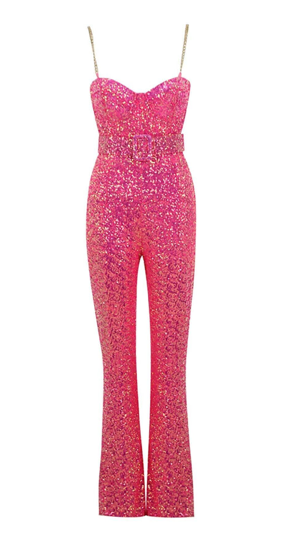 AIIZIE GLITTER FLARED TROUSER JUMPSUIT IN PINK - product image