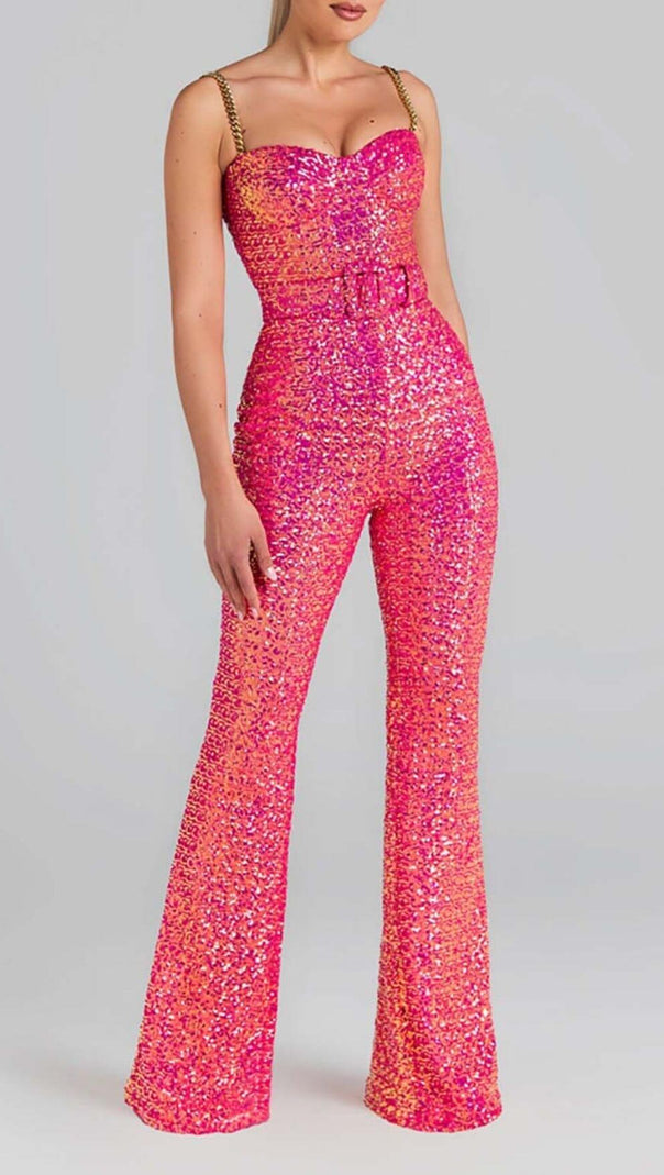 AIIZIE GLITTER FLARED TROUSER JUMPSUIT IN PINK - product image