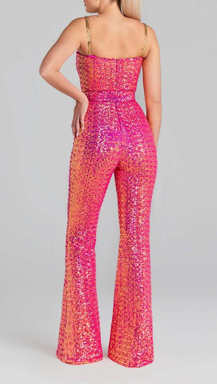 GLITTER FLARED TROUSER JUMPSUIT IN PINK