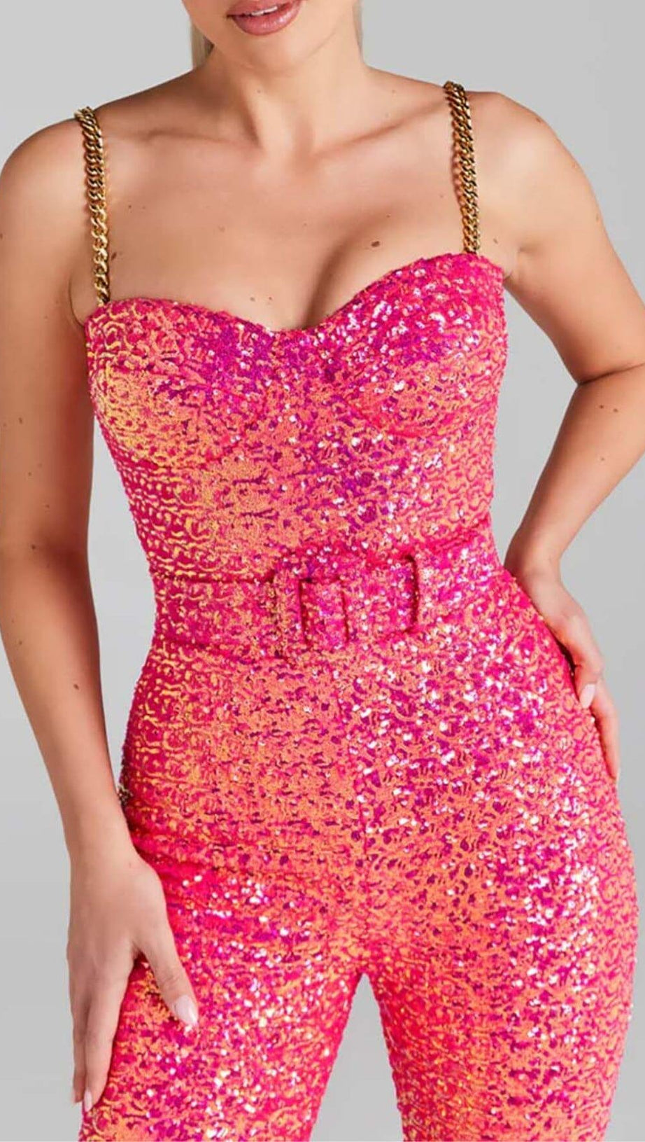 GLITTER FLARED TROUSER JUMPSUIT IN PINK